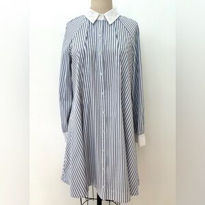 Nanette Lepore Shirt Dress Classic Swing Blue & White Stripe Eyelet Details 10